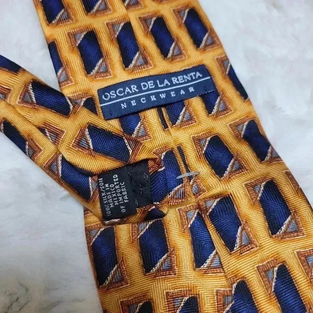 Oscar de la Renta Vintage Silk Tie Geometric Print Retro Navy Orange - Picture 3 of 5